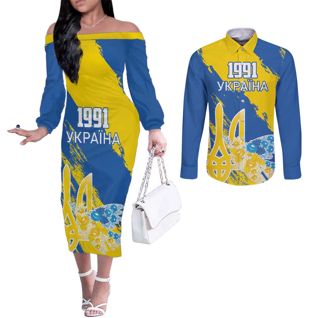 Custom Ukraine Independence Day Couples Matching Off The Shoulder Long Sleeve Dress and Long Sleeve Button Shirt Dove Of Peace With Grunge Pattern