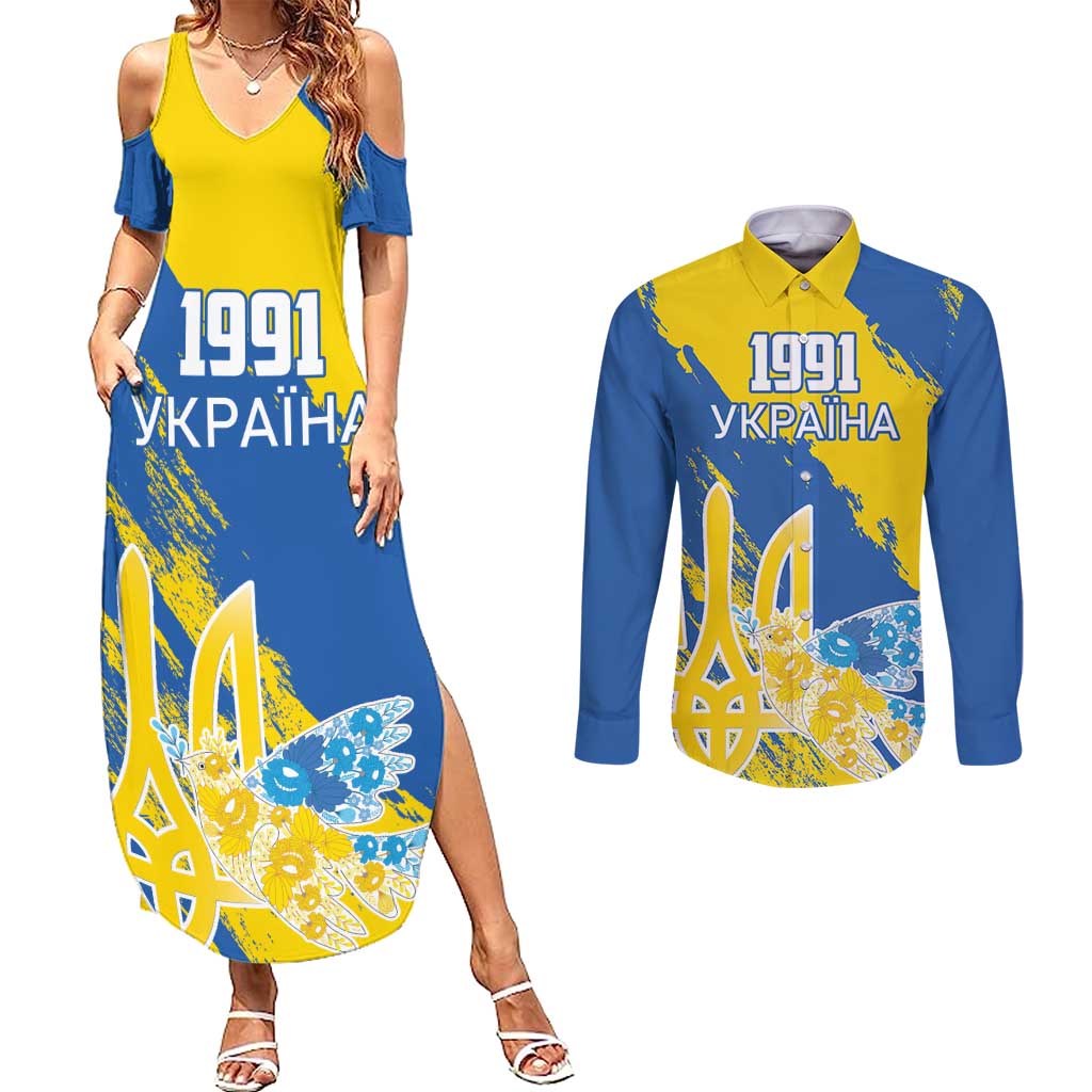 Custom Ukraine Independence Day Couples Matching Summer Maxi Dress and Long Sleeve Button Shirt Dove Of Peace With Grunge Pattern - Wonder Print Shop