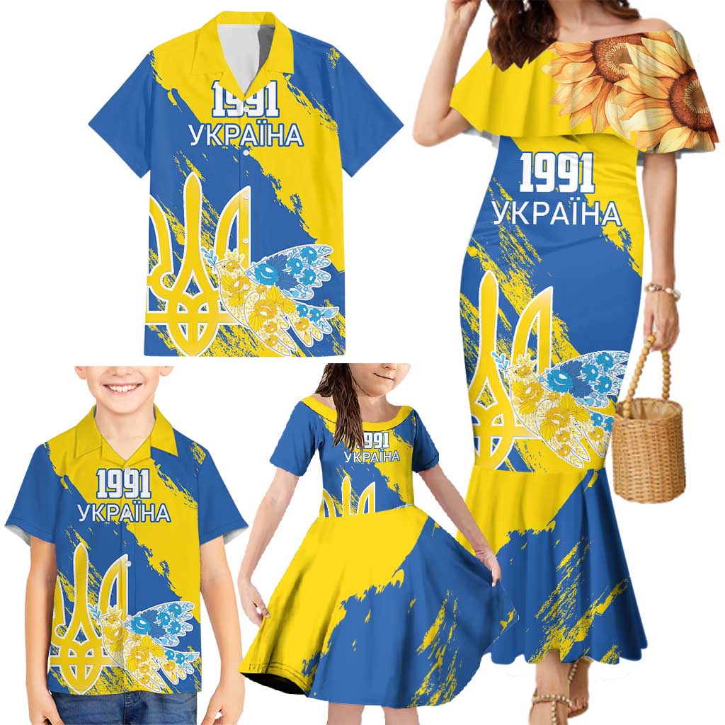 Custom Ukraine Independence Day Family Matching Mermaid Dress and Hawaiian Shirt Dove Of Peace With Grunge Pattern - Wonder Print Shop