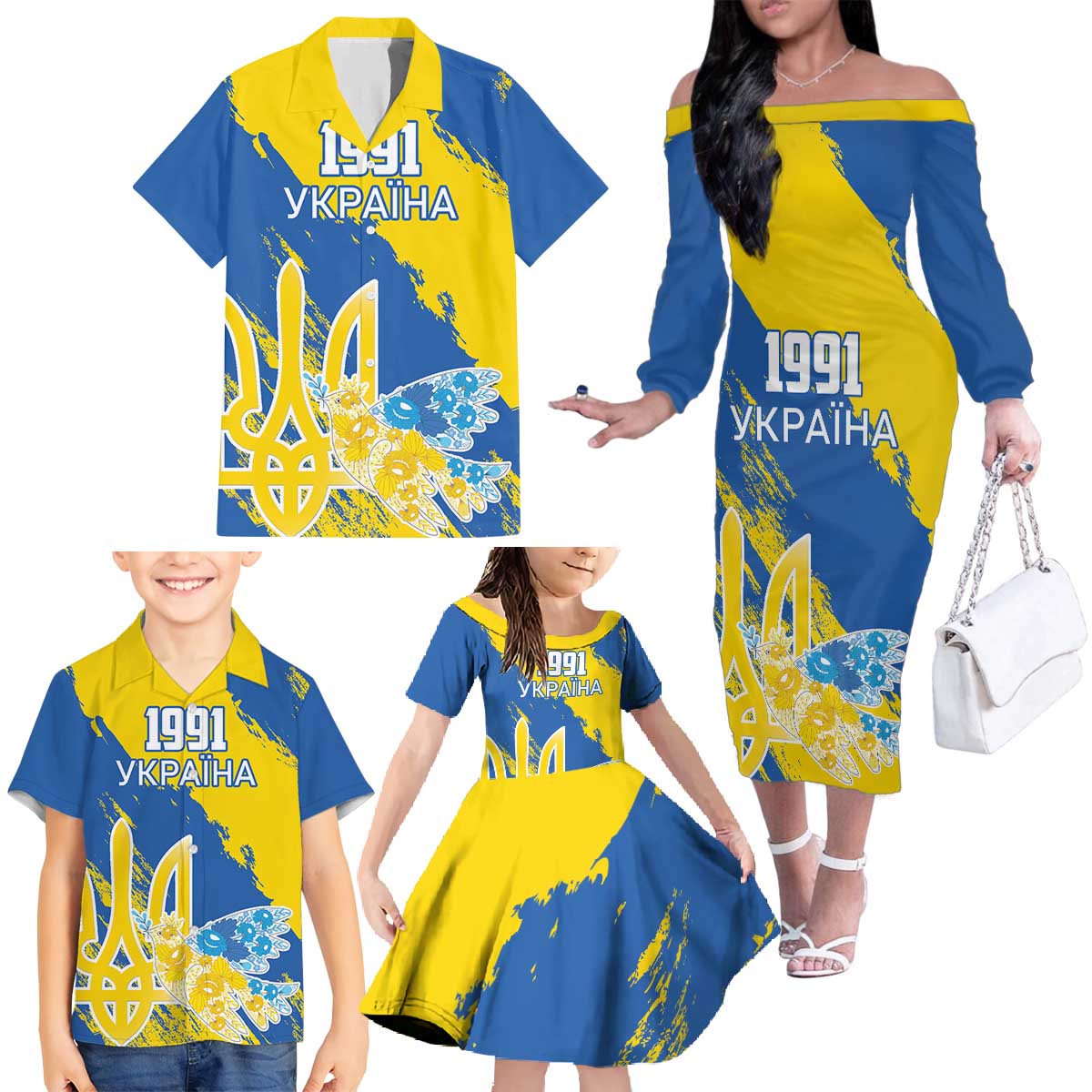 Custom Ukraine Independence Day Family Matching Off The Shoulder Long Sleeve Dress and Hawaiian Shirt Dove Of Peace With Grunge Pattern - Wonder Print Shop