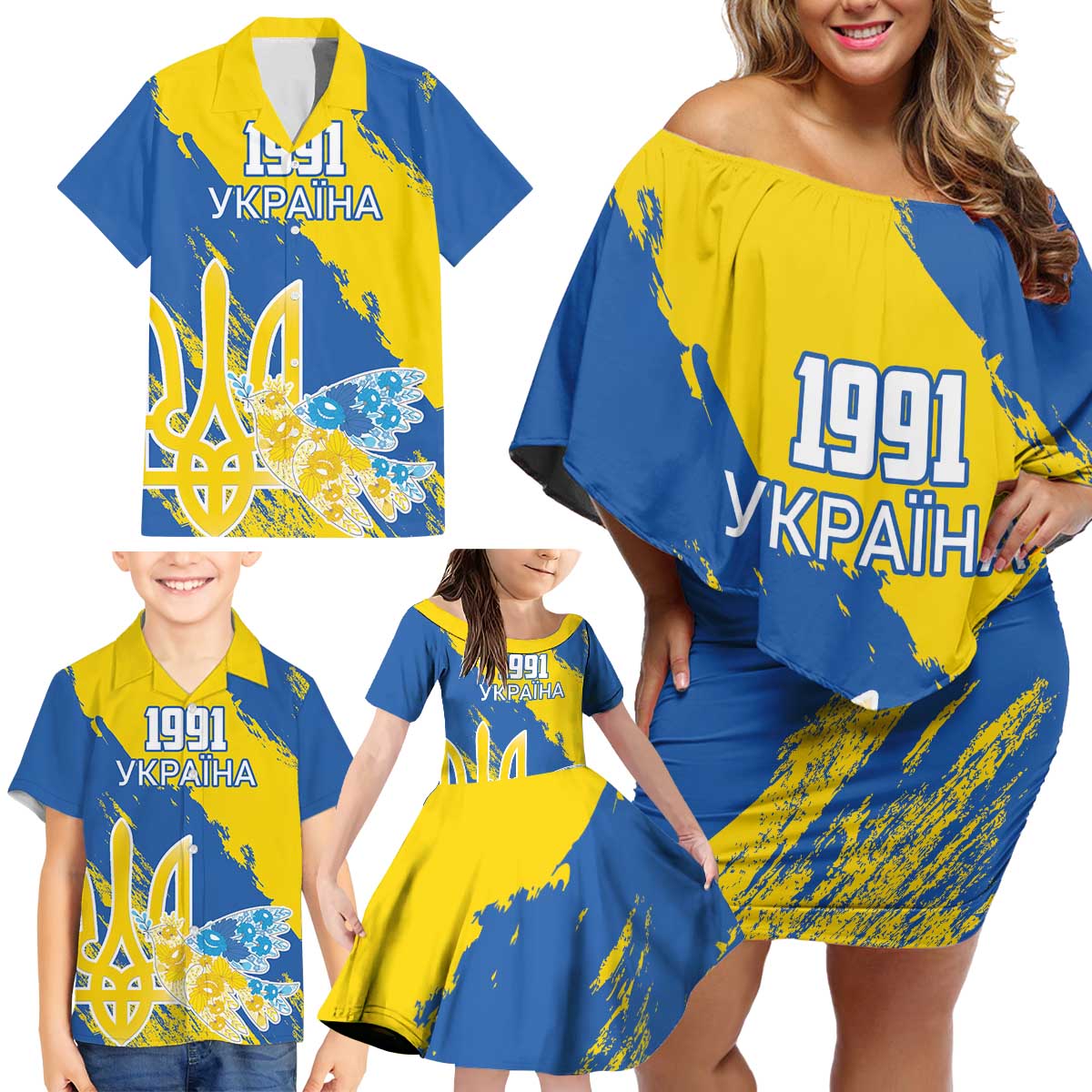 Custom Ukraine Independence Day Family Matching Off Shoulder Short Dress and Hawaiian Shirt Dove Of Peace With Grunge Pattern - Wonder Print Shop