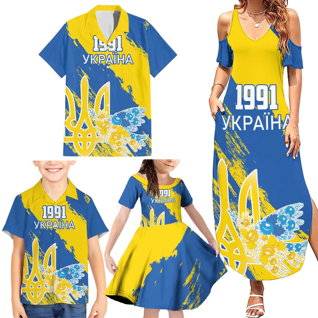 Custom Ukraine Independence Day Family Matching Summer Maxi Dress and Hawaiian Shirt Dove Of Peace With Grunge Pattern - Wonder Print Shop