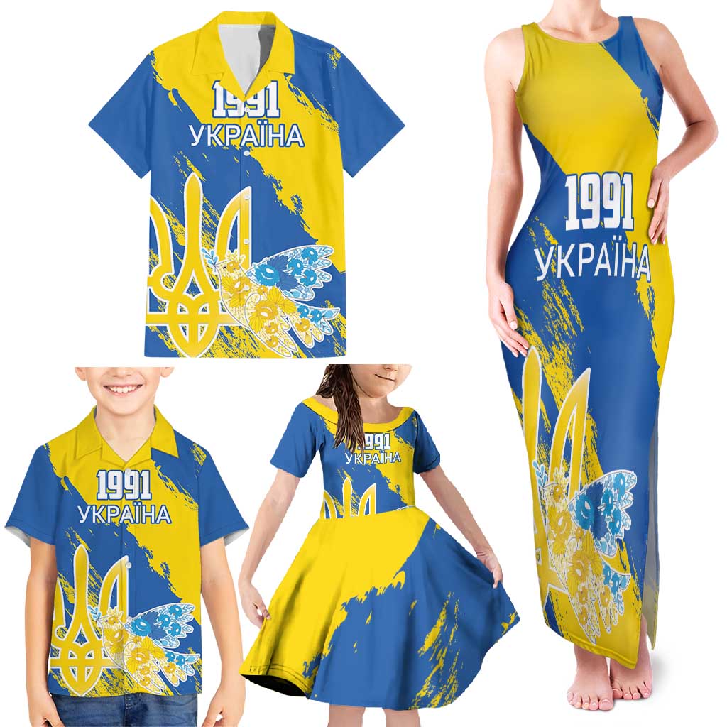 Custom Ukraine Independence Day Family Matching Tank Maxi Dress and Hawaiian Shirt Dove Of Peace With Grunge Pattern - Wonder Print Shop