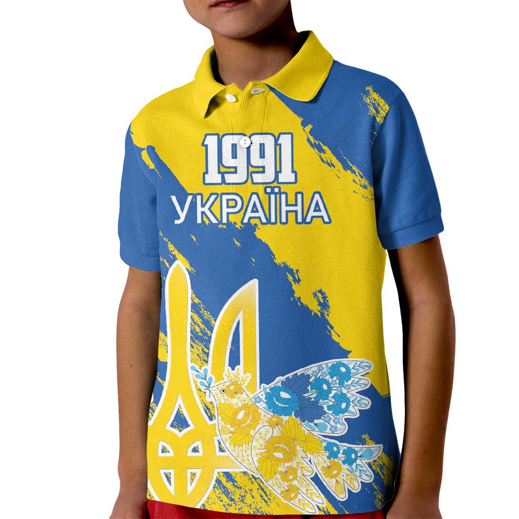 Custom Ukraine Independence Day Kid Polo Shirt Dove Of Peace With Grunge Pattern - Wonder Print Shop