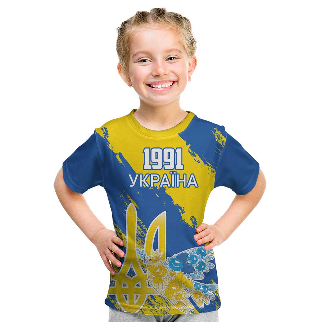 Custom Ukraine Independence Day Kid T Shirt Dove Of Peace With Grunge Pattern - Wonder Print Shop