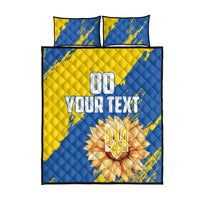 Quilt bed set with blue and yellow design, dove motif, 'YOUR NEXT' and two pillows