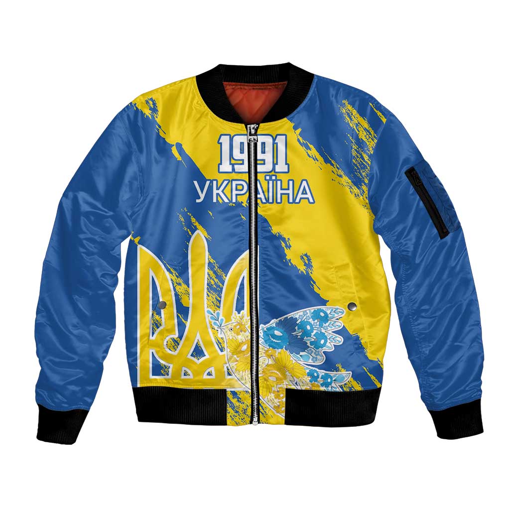 Custom Ukraine Independence Day Sleeve Zip Bomber Jacket Dove Of Peace With Grunge Pattern - Wonder Print Shop