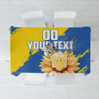 Blue and yellow tablecloth with sunflower and trident graphic