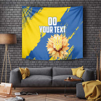 Blue and yellow hanging tapestry with flower emblem and custom text