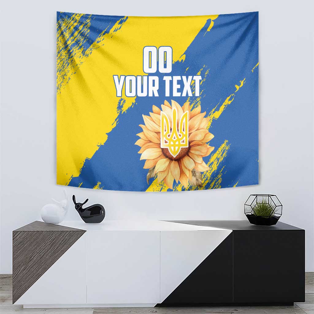 Blue and yellow wall tapestry with central flower emblem and custom text
