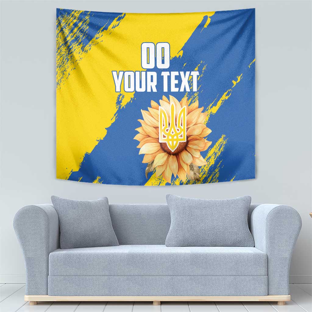 Blue and yellow hanging tapestry featuring flower emblem and custom text
