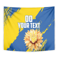 Blue and yellow tapestry with flower emblem and bold placeholder custom text