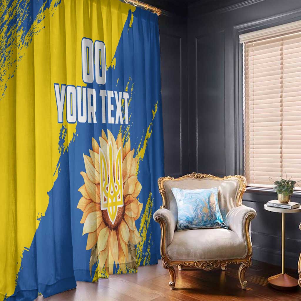 Blue and yellow window curtain panel with dove emblem and grunge flag splatter