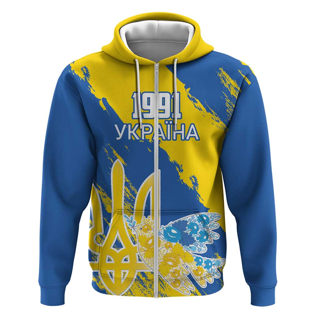 Custom Ukraine Independence Day Zip Hoodie Dove Of Peace With Grunge Pattern - Wonder Print Shop