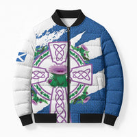Scotland Celtic Cross Bomber Puffer Jacket Thistle Flowers - Wonder Print Shop