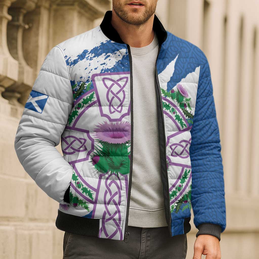 Scotland Celtic Cross Bomber Puffer Jacket Thistle Flowers - Wonder Print Shop