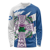 Unisex long sleeve shirt in blue/white with purple Celtic cross and thistle flowers