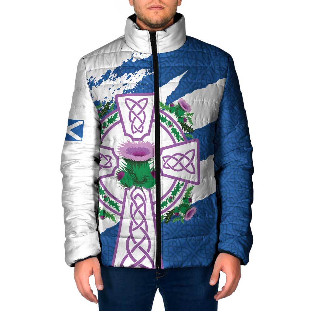Scotland Celtic Cross Padded Jacket Thistle Flowers - Wonder Print Shop