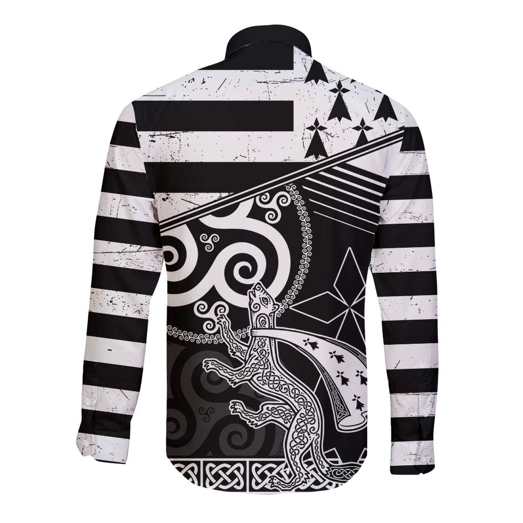 Brittany Ermine Celtic Long Sleeve Button Shirt Black Celtic Triskels - Wonder Print Shop