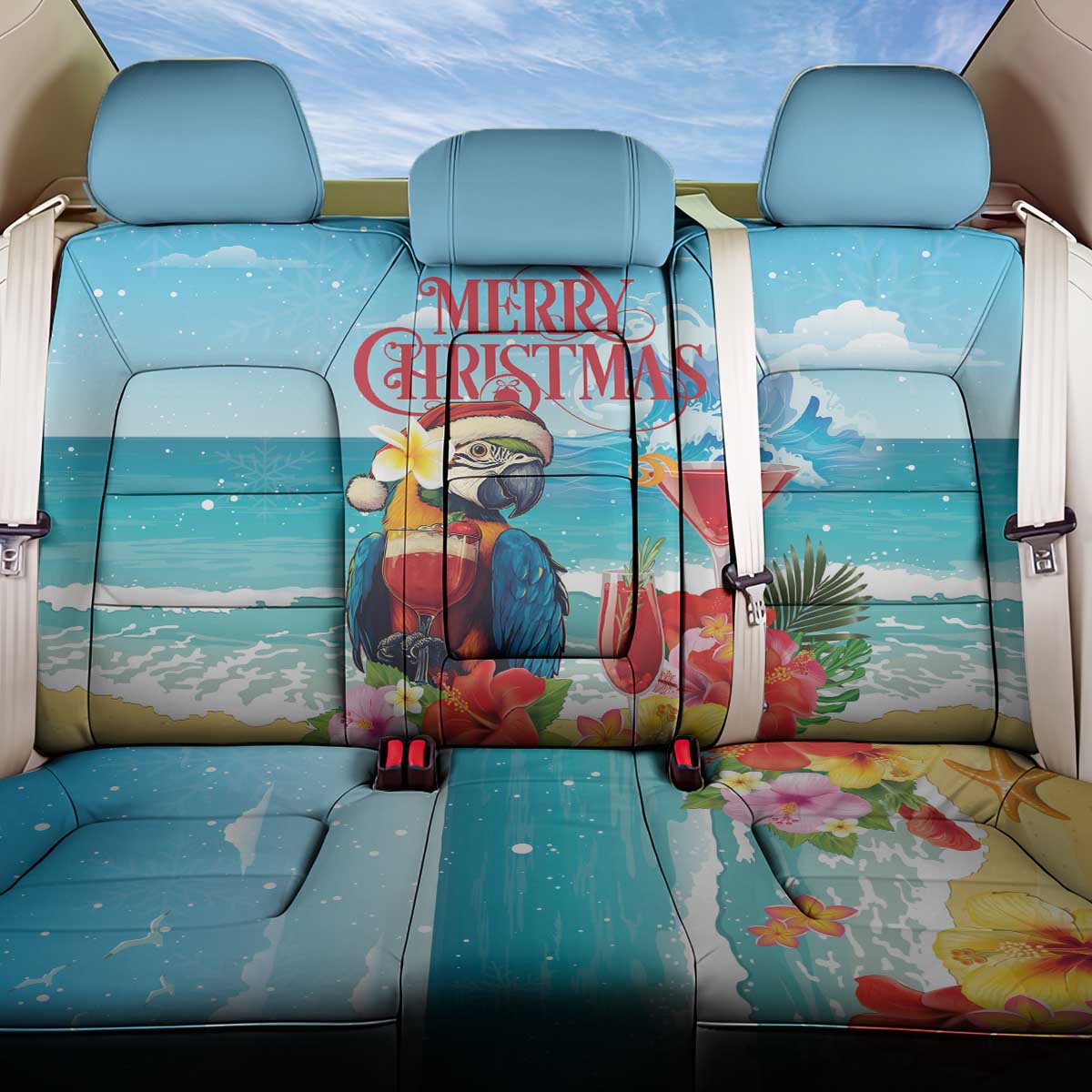 Saint Lucia Christmas Back Car Seat Cover Tropical Parrot With Rum Punch Cocktail - Wonder Print Shop