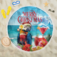 Round blue beach blanket with fringe, parrot and 'Merry Christmas' print