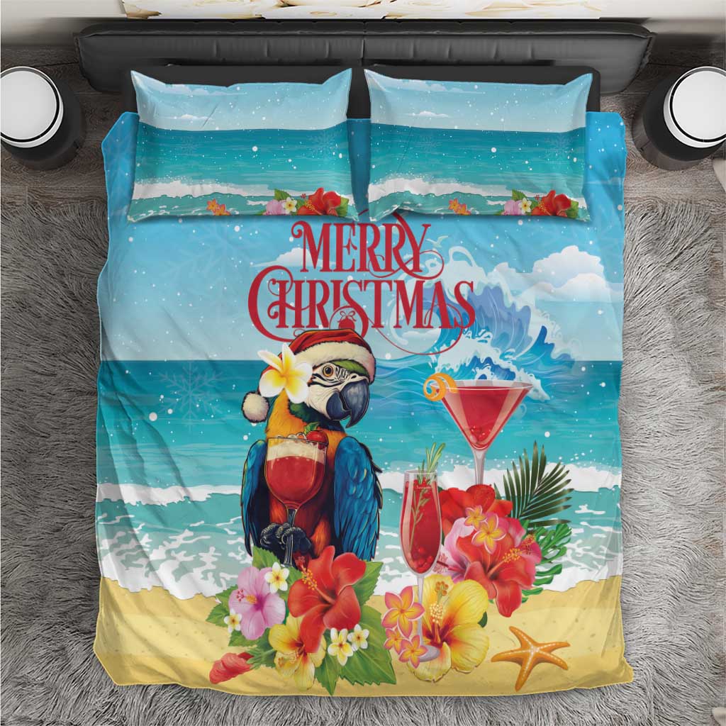 Christmas bedding set with teal ocean waves, parrot holding red drink, floral 'Merry Christmas'
