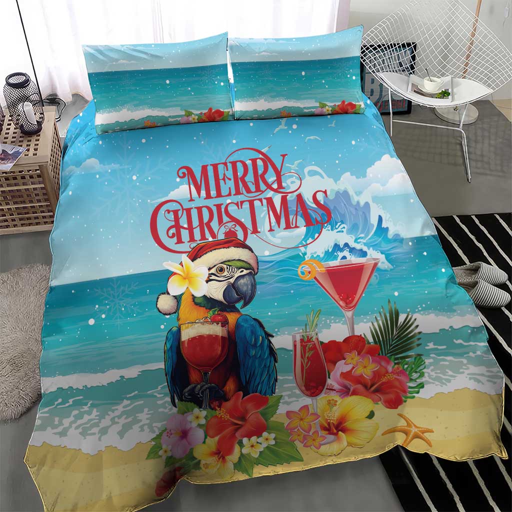 Christmas bedding set on bed, teal wave pattern with parrot holding a red cocktail, floral accents