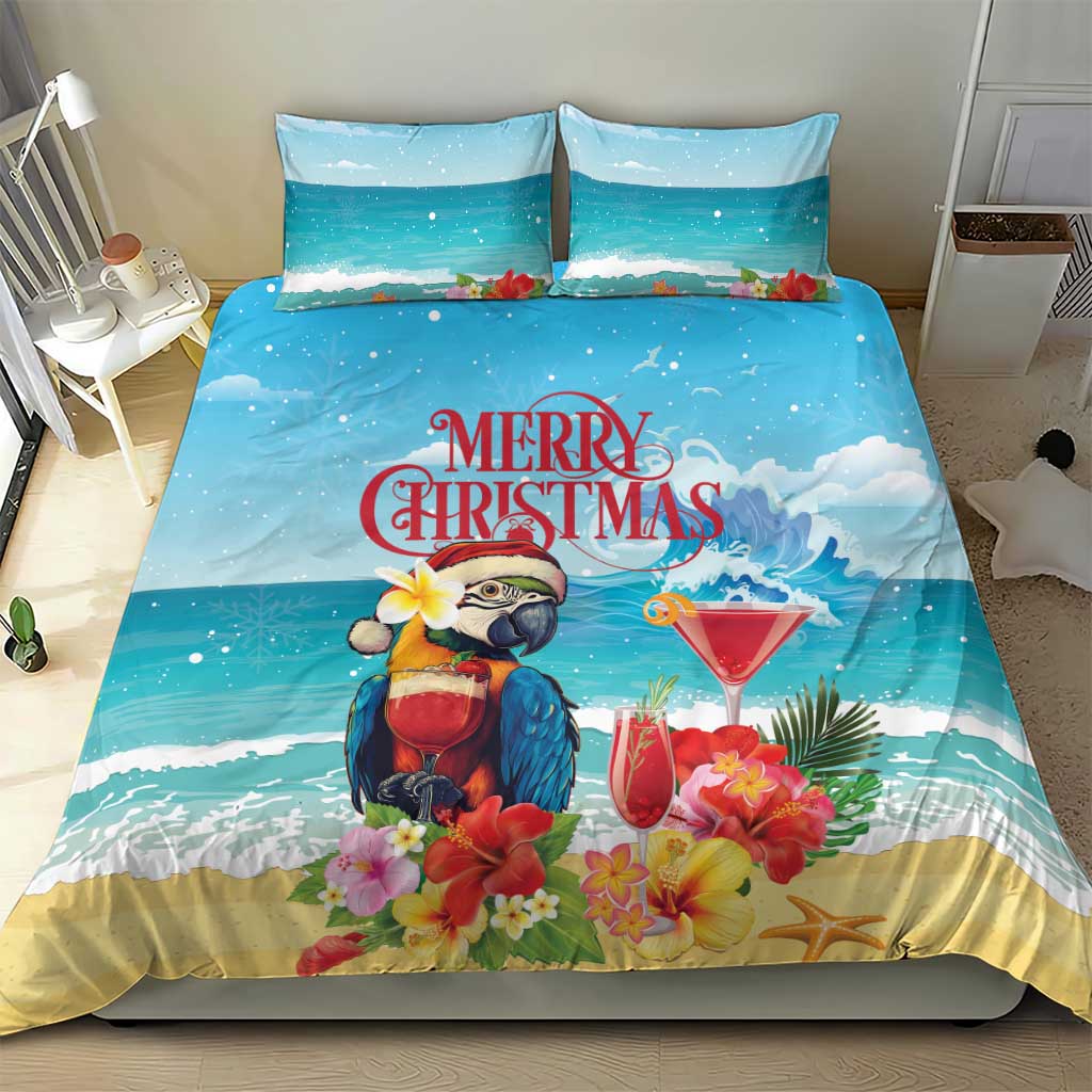 Christmas bedding set on bed with teal sky and waves, parrot with red drink, 'Merry Christmas'
