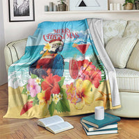 Blue tropical Christmas blanket with parrot, flowers, and martini drinks design