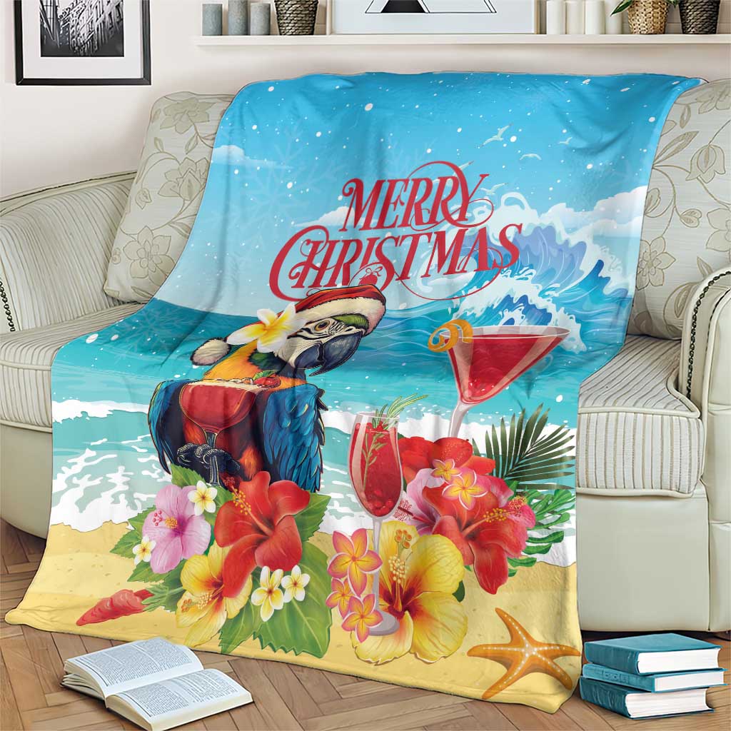 Blue tropical Christmas blanket with parrot, martini glasses, floral border, and starfish