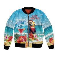Blue unisex bomber jacket with Merry Christmas parrot and rum cocktail print, ribbed cuffs