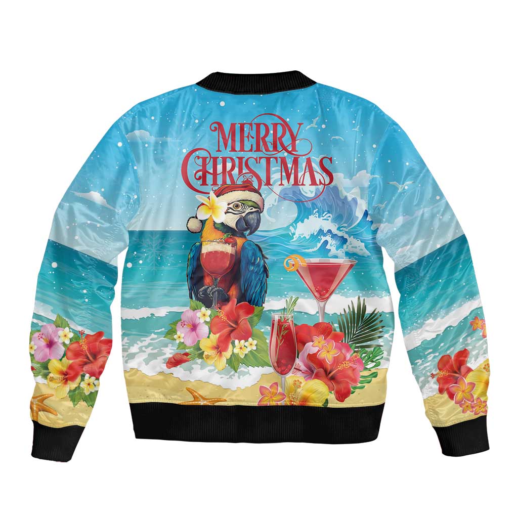 Blue bomber jacket back view with Merry Christmas parrot, flowers, and martini cocktail print