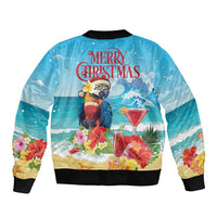 Blue bomber jacket back view with Merry Christmas parrot, flowers, and martini cocktail print