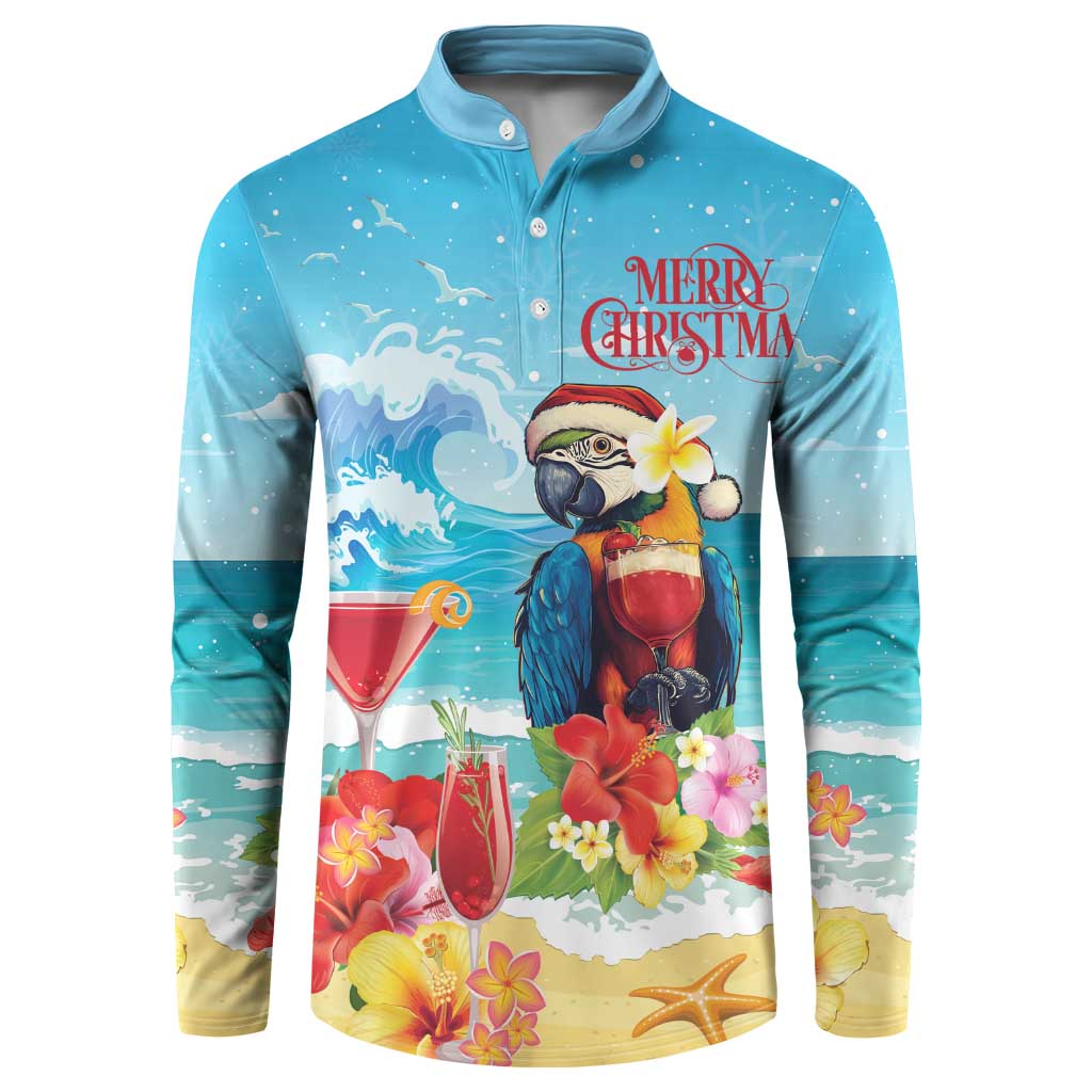 Men's blue Christmas button sweatshirt with parrot, cocktails, and Merry Christmas graphic