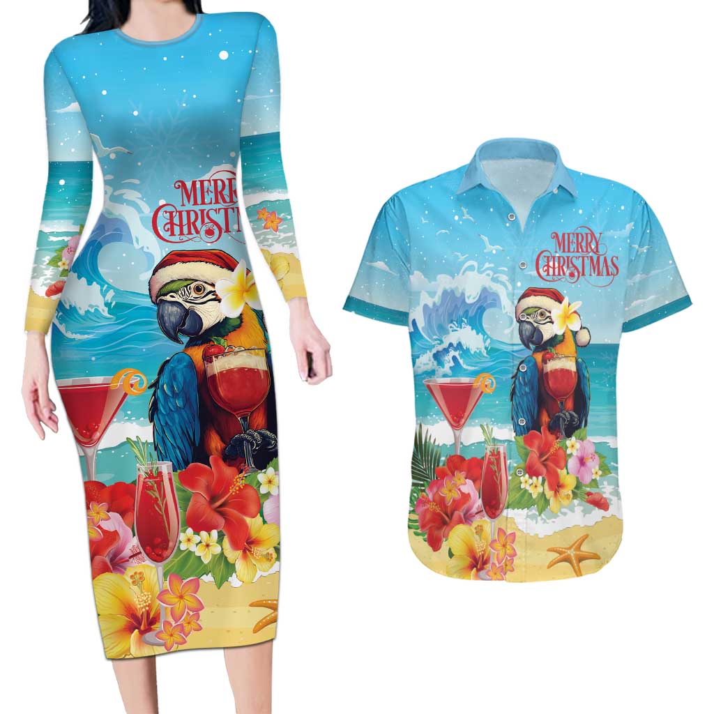 Saint Lucia Christmas Couples Matching Long Sleeve Bodycon Dress and Hawaiian Shirt Tropical Parrot With Rum Punch Cocktail - Wonder Print Shop