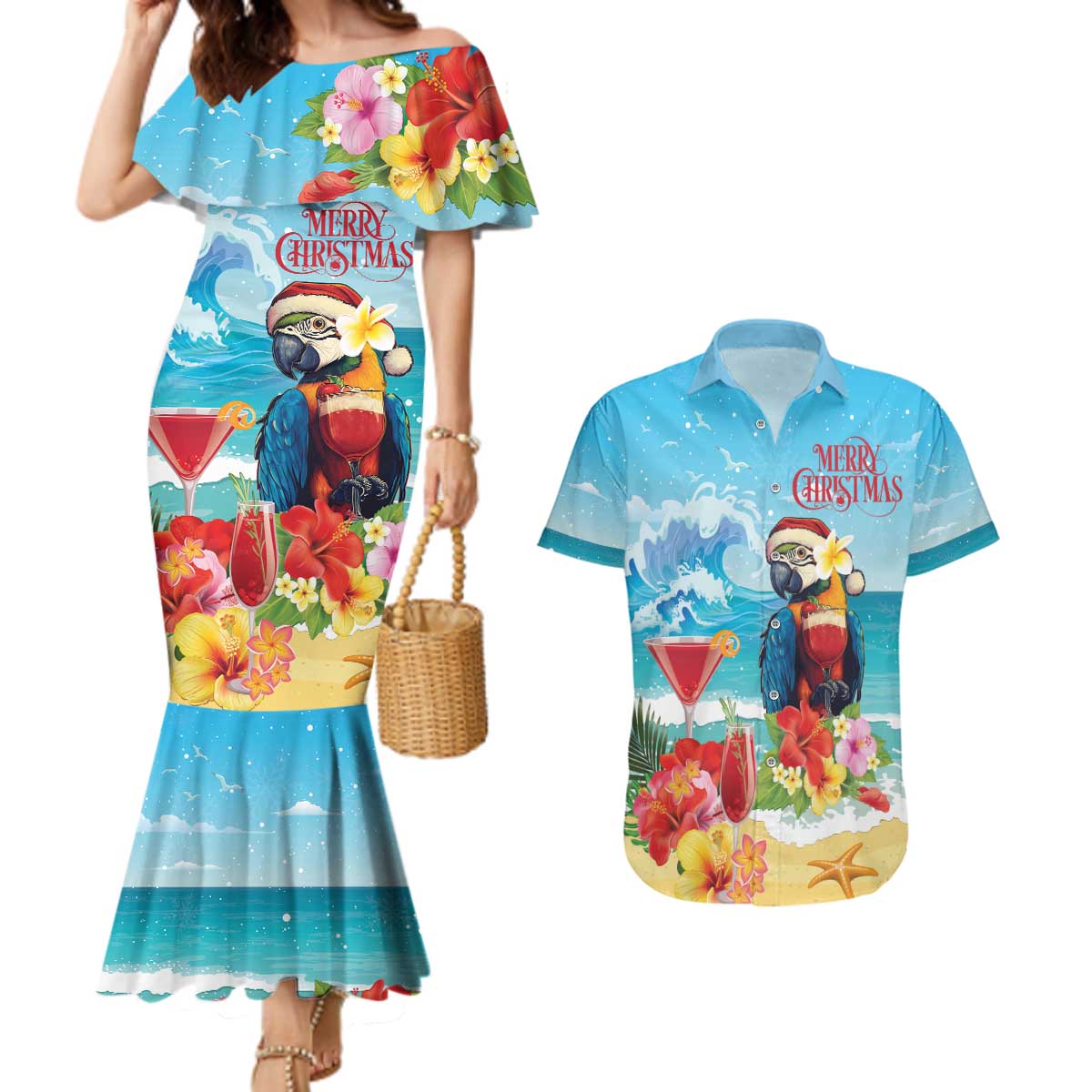 Saint Lucia Christmas Couples Matching Mermaid Dress and Hawaiian Shirt Tropical Parrot With Rum Punch Cocktail - Wonder Print Shop