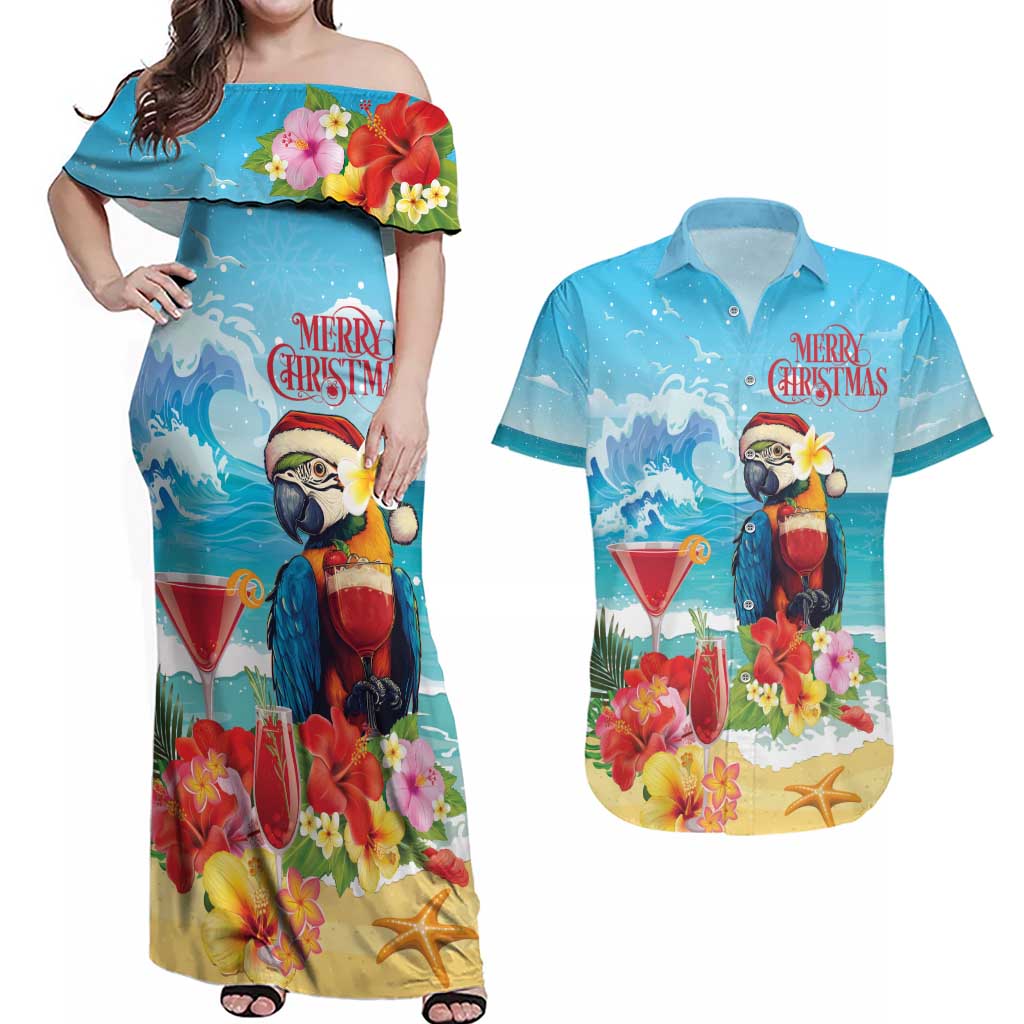 Saint Lucia Christmas Couples Matching Off Shoulder Maxi Dress and Hawaiian Shirt Tropical Parrot With Rum Punch Cocktail - Wonder Print Shop