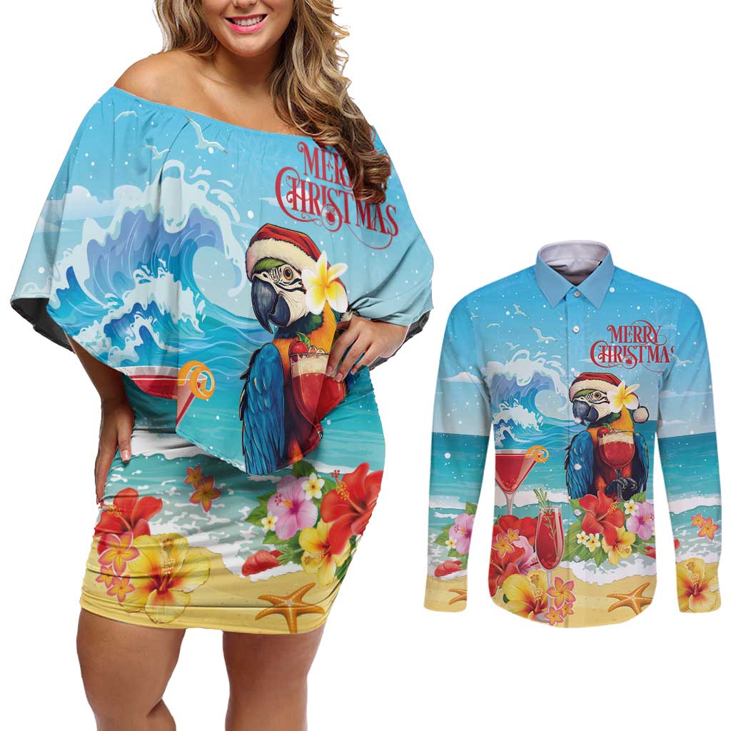 Saint Lucia Christmas Couples Matching Off Shoulder Short Dress and Long Sleeve Button Shirt Tropical Parrot With Rum Punch Cocktail - Wonder Print Shop