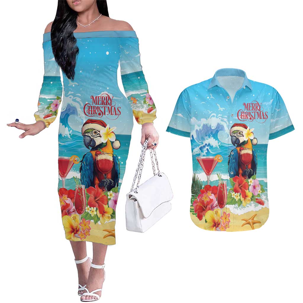 Saint Lucia Christmas Couples Matching Off The Shoulder Long Sleeve Dress and Hawaiian Shirt Tropical Parrot With Rum Punch Cocktail - Wonder Print Shop