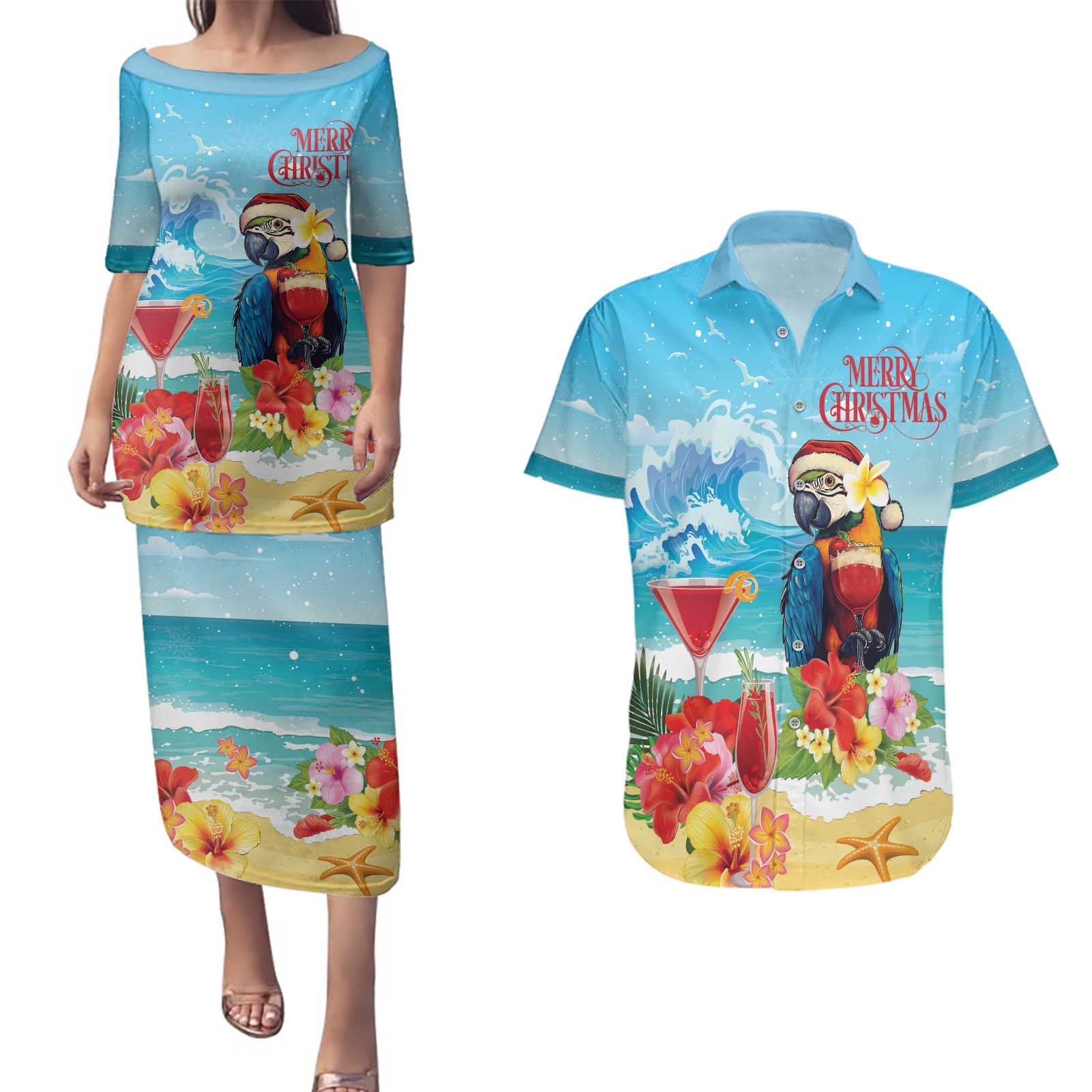 Saint Lucia Christmas Couples Matching Puletasi and Hawaiian Shirt Tropical Parrot With Rum Punch Cocktail - Wonder Print Shop