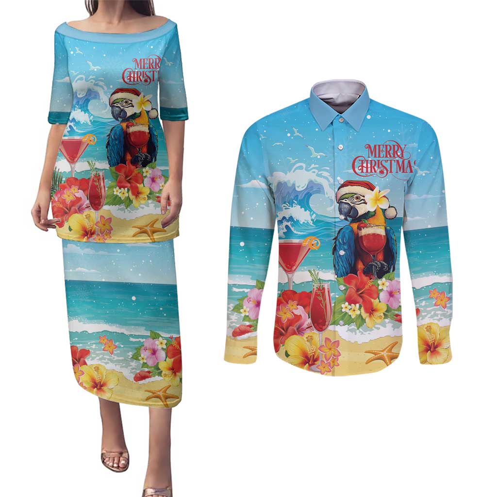 Saint Lucia Christmas Couples Matching Puletasi and Long Sleeve Button Shirt Tropical Parrot With Rum Punch Cocktail - Wonder Print Shop