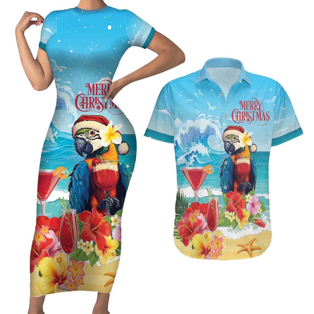 Saint Lucia Christmas Couples Matching Short Sleeve Bodycon Dress and Hawaiian Shirt Tropical Parrot With Rum Punch Cocktail - Wonder Print Shop