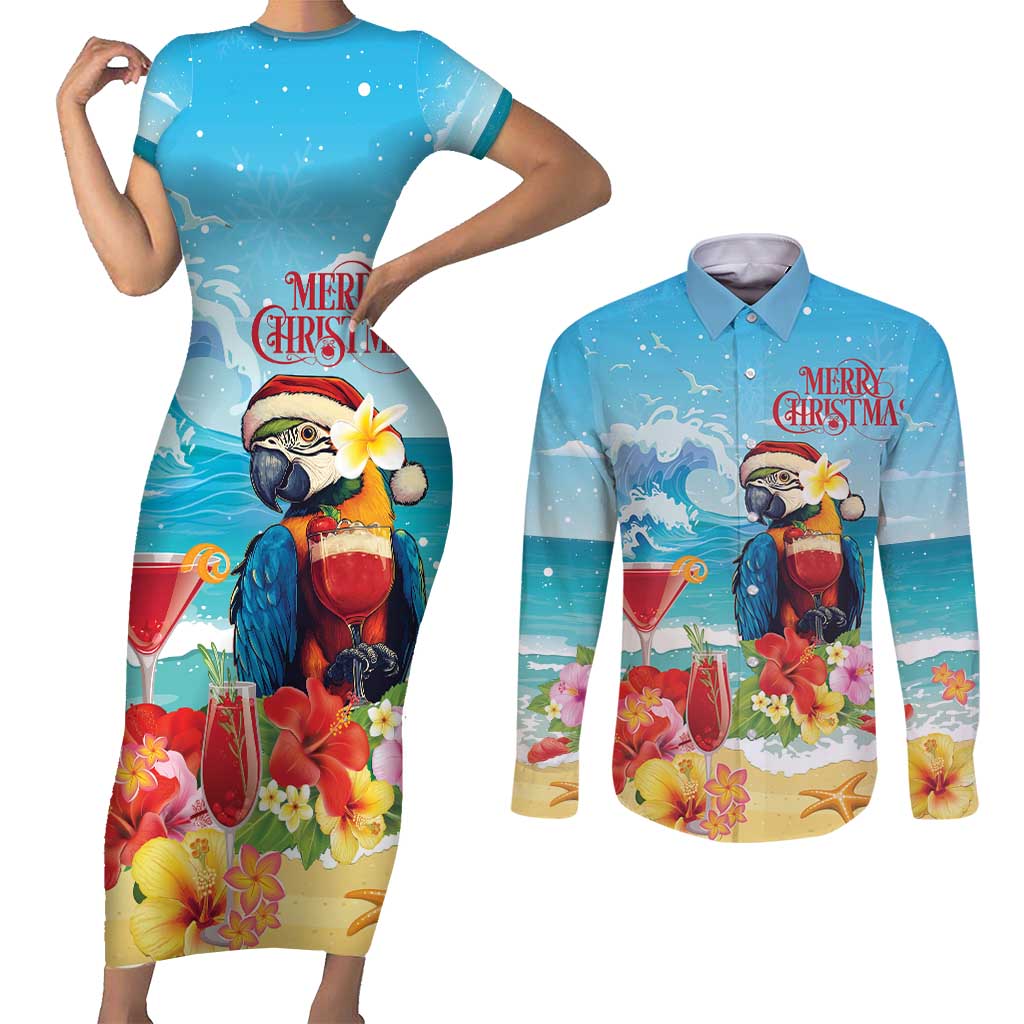 Saint Lucia Christmas Couples Matching Short Sleeve Bodycon Dress and Long Sleeve Button Shirt Tropical Parrot With Rum Punch Cocktail - Wonder Print Shop