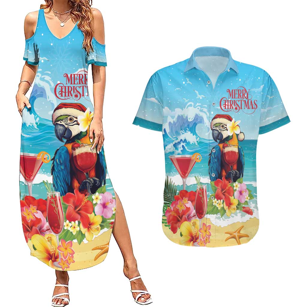 Saint Lucia Christmas Couples Matching Summer Maxi Dress and Hawaiian Shirt Tropical Parrot With Rum Punch Cocktail - Wonder Print Shop