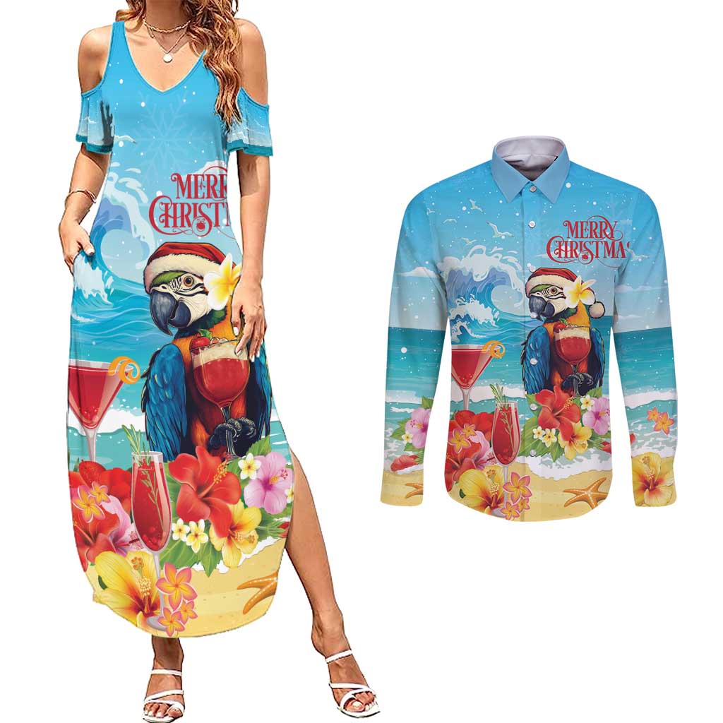 Saint Lucia Christmas Couples Matching Summer Maxi Dress and Long Sleeve Button Shirt Tropical Parrot With Rum Punch Cocktail - Wonder Print Shop