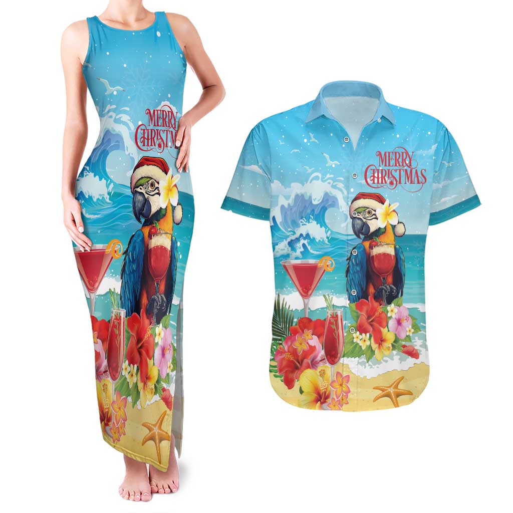 Saint Lucia Christmas Couples Matching Tank Maxi Dress and Hawaiian Shirt Tropical Parrot With Rum Punch Cocktail - Wonder Print Shop