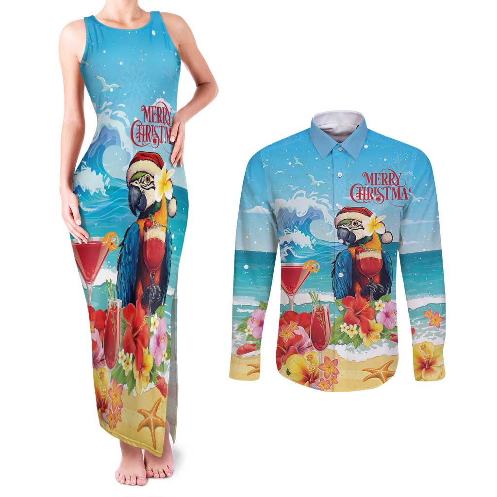 Saint Lucia Christmas Couples Matching Tank Maxi Dress and Long Sleeve Button Shirt Tropical Parrot With Rum Punch Cocktail - Wonder Print Shop