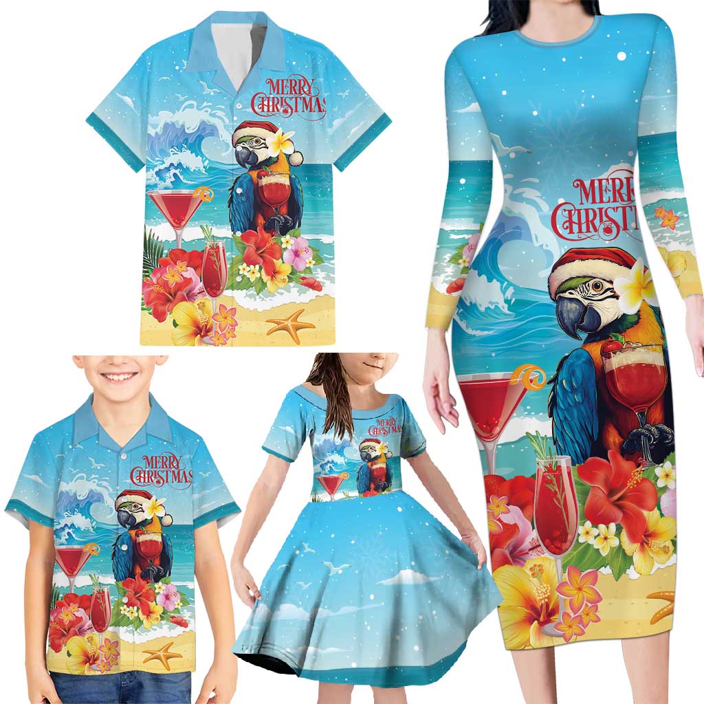 Saint Lucia Christmas Family Matching Long Sleeve Bodycon Dress and Hawaiian Shirt Tropical Parrot With Rum Punch Cocktail - Wonder Print Shop