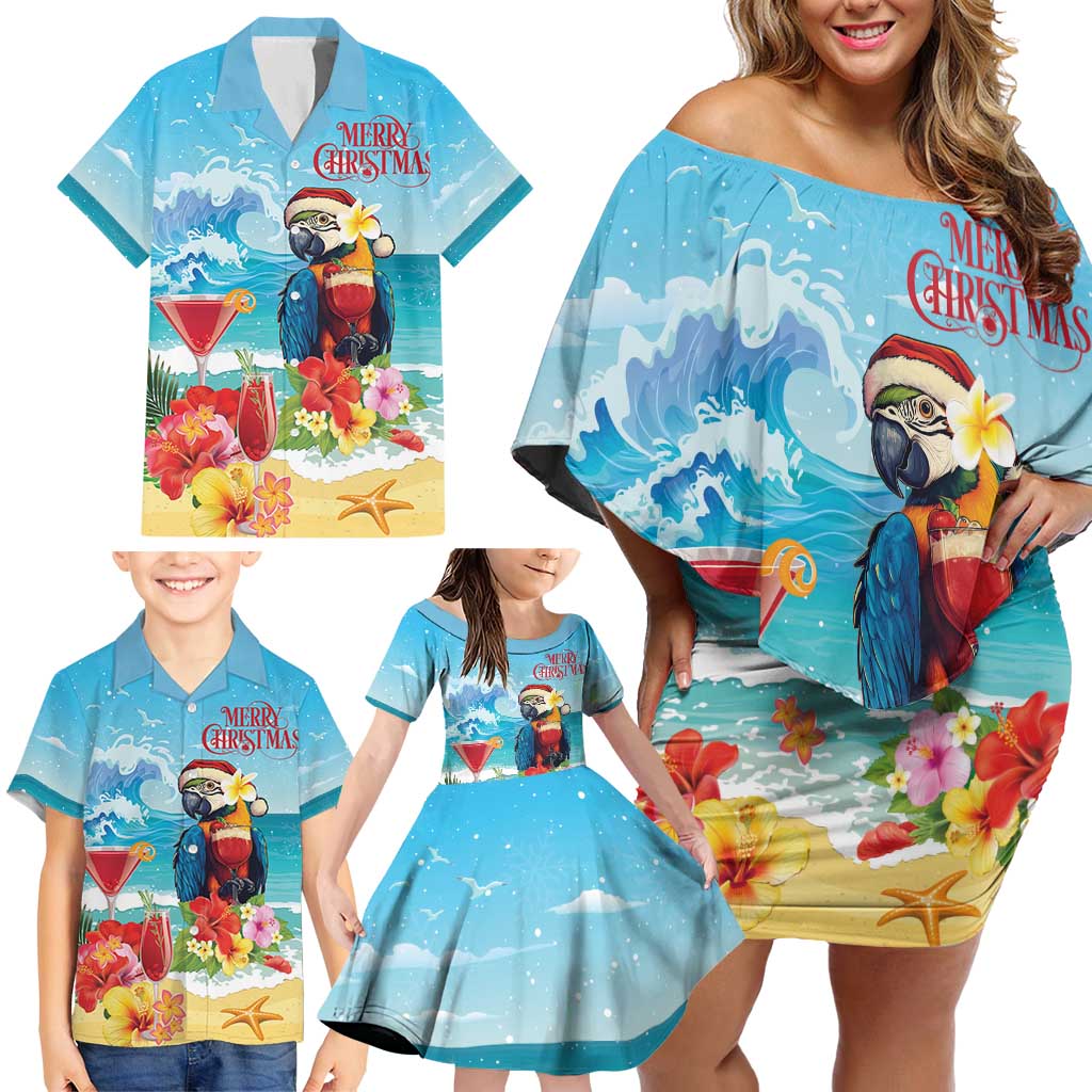 Saint Lucia Christmas Family Matching Off Shoulder Short Dress and Hawaiian Shirt Tropical Parrot With Rum Punch Cocktail - Wonder Print Shop