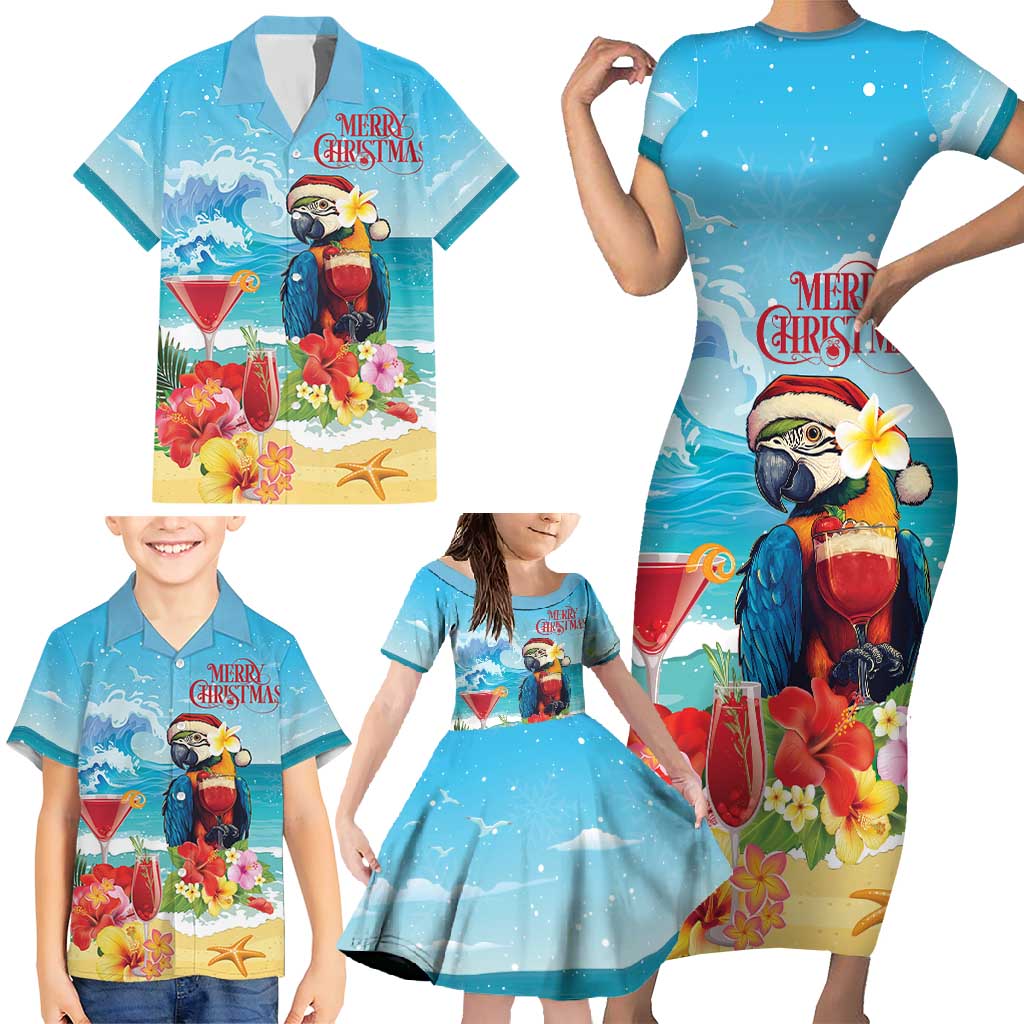 Saint Lucia Christmas Family Matching Short Sleeve Bodycon Dress and Hawaiian Shirt Tropical Parrot With Rum Punch Cocktail - Wonder Print Shop